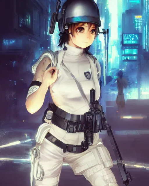 Image similar to nami, anime key visual of a young female swat officer, neon, cyberpunk, futuristic, white clothing, black vest, swat helmet, stunning, highly detailed, digital painting, smooth, soft focus, illustration, 4 k digital art from artstation by artgerm and greg rutkowski and alphonse mucha