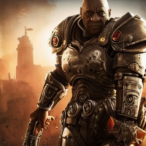 Image similar to Bill Cosby as 'Crusader-Patriot-Knight'!! in Gears of War, splash art, movie still, detailed face, photorealistic facial features, cinematic lighting, dramatic, octane render, long lens, shallow depth of field, bokeh, anamorphic lens flare, 8k, hyper detailed, 35mm film grain