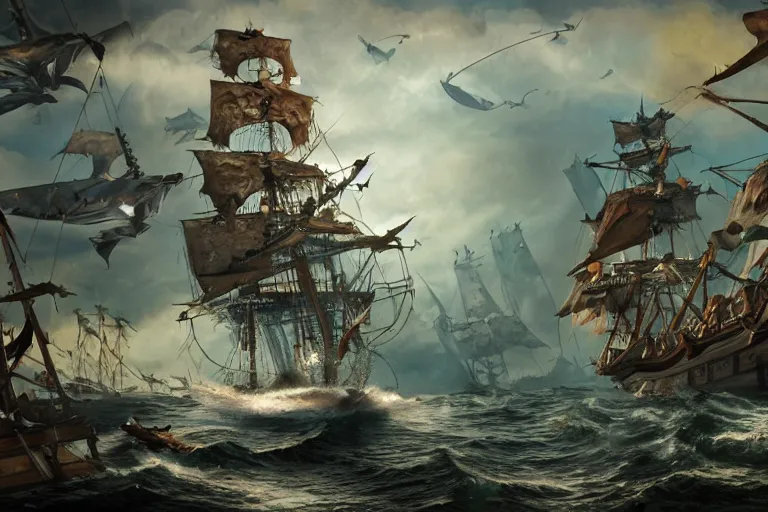 Image similar to elaborate pirate ship surrounded by sharks, low angle, digital painting, mixed media, trending on artstation and deviantart, epic composition, highly detailed, 8 k