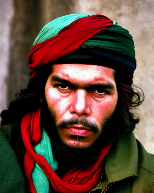 Image similar to portrait of che guevara as afghan man, green eyes and red scarf looking intently, photograph by steve mccurry