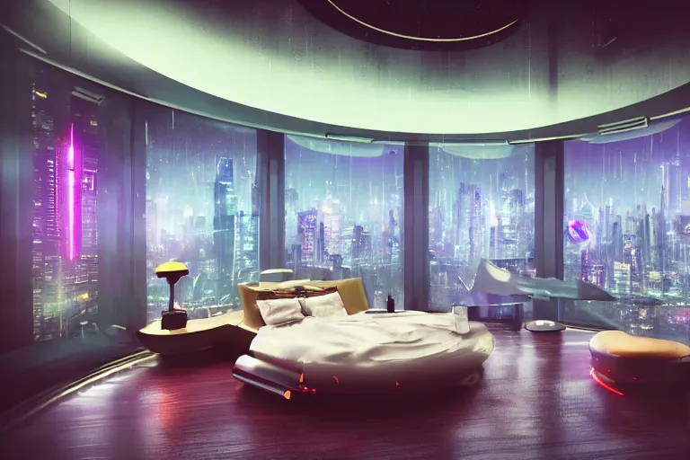 Image similar to a futuristic bedroom with large curved ceiling high windows looking out to a far future cyberpunk cityscape, cyberpunk neon lights, raining, scifi