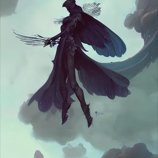 Prompt: character portrait of a modest robed dark raven angel with iridescent black raven wings, by Peter Mohrbacher, Mark Brooks, Jim Burns, Wadim Kashin, Greg Rutkowski, trending on Artstation