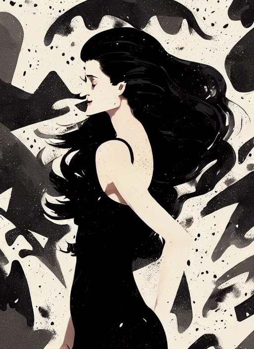 Image similar to highly detailed closeup portrait of beautiful grace gummer as dom dipierro, wavy ginger hair, black dress, by atey ghailan, by greg rutkowski, by greg tocchini, by james gilleard, by joe fenton, by kaethe butcher, gradient orange, black and white color scheme, grunge aesthetic!!! ( ( graffiti tag wall background ) )