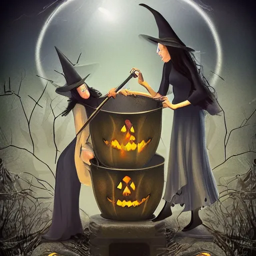 Image similar to witches around a cauldron, spooky, dark, halloween, highly detailed, high resolution