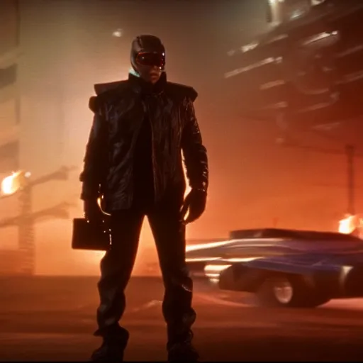 Image similar to Still of Captain Falcon and his racing machine in the movie Blade Runner, full body, cinematic lighting, 4k