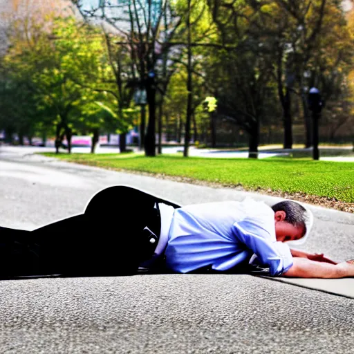 Image similar to a realistic photograph of a politican splooting on the ground