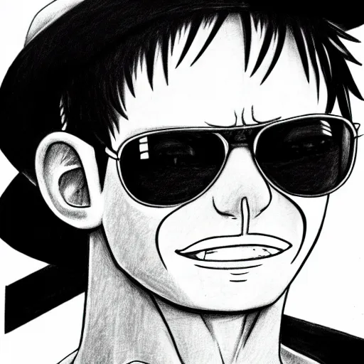 Prompt: a pencil sketch portrait of luffy wearing aviator sunglasses, black and white, white background, fine detail