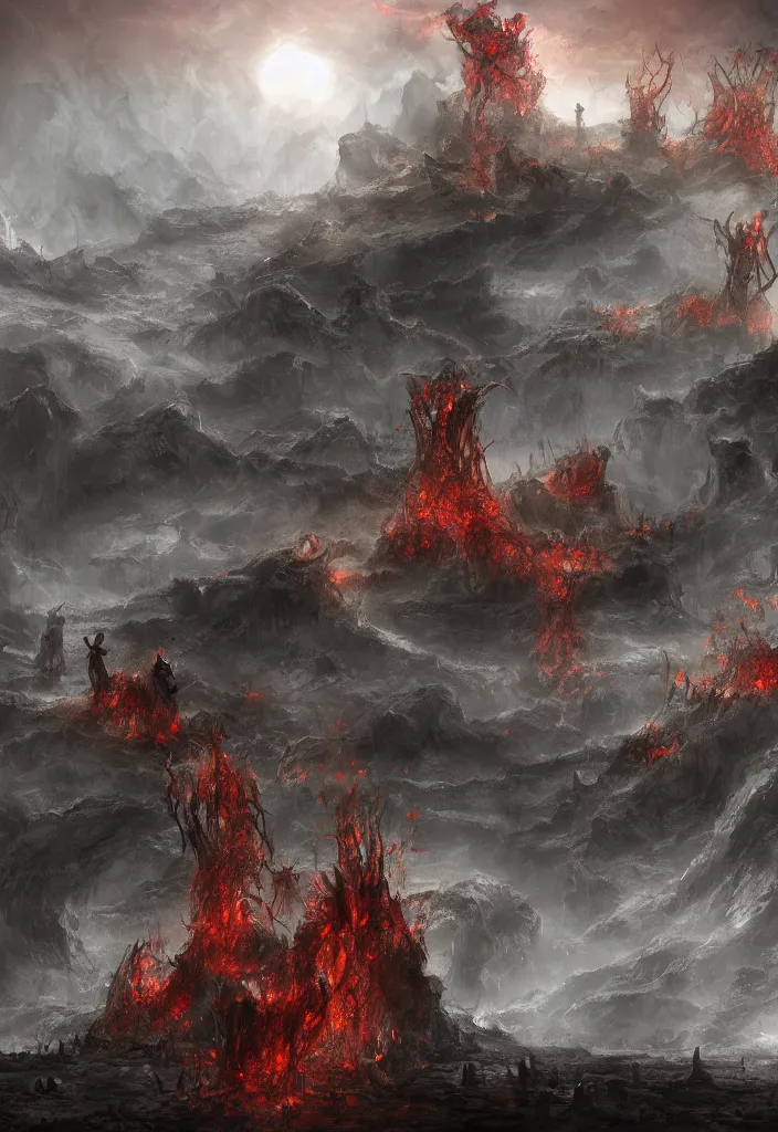 Image similar to landscape of hell with people suffering and ghost, digital art, concept art, deviantart. highly detailed