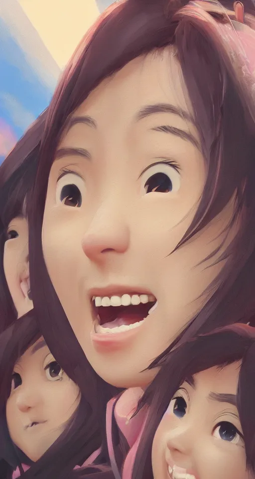 Prompt: a painting of cute Asian girls smiling, in the style of DreamWorks animation, low angle view, 16mm lens, award winning, hyper detailed, dramatic lighting, artstation, octane renderer, unreal engine