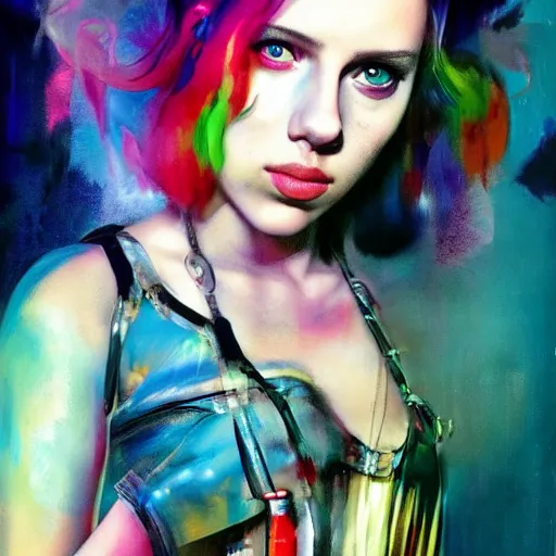 Image similar to teenage scarlett johansson as delirium from sandman, ( hallucinating colorful soap bubbles ), by jeremy mann, by sandra chevrier, by jean giraud and richard avedon, punk rock, tank girl, high detailed, 8 k