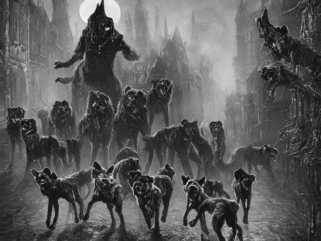 Prompt: a pack of wild dogs roaming the streets of a haunted, victorian, gothic horror city at night, lovecraftian terror, vintage dark art