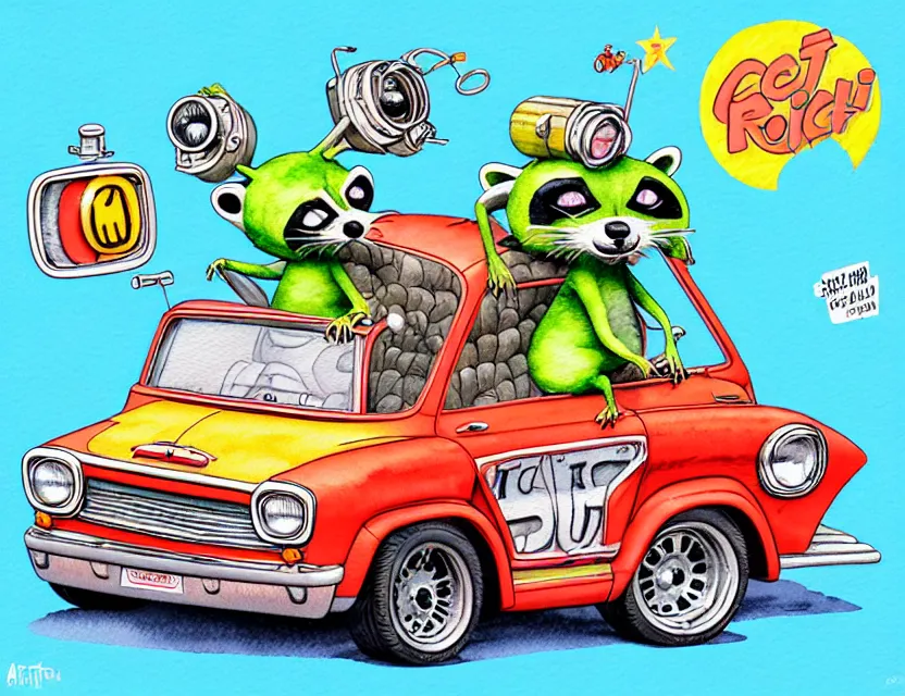 Image similar to cute and funny, racoon riding in a tiny hot rod with oversized engine, ratfink style by ed roth, centered award winning watercolor pen illustration, isometric illustration by chihiro iwasaki, edited by range murata, tiny details by artgerm and watercolor girl, symmetrically isometrically centered