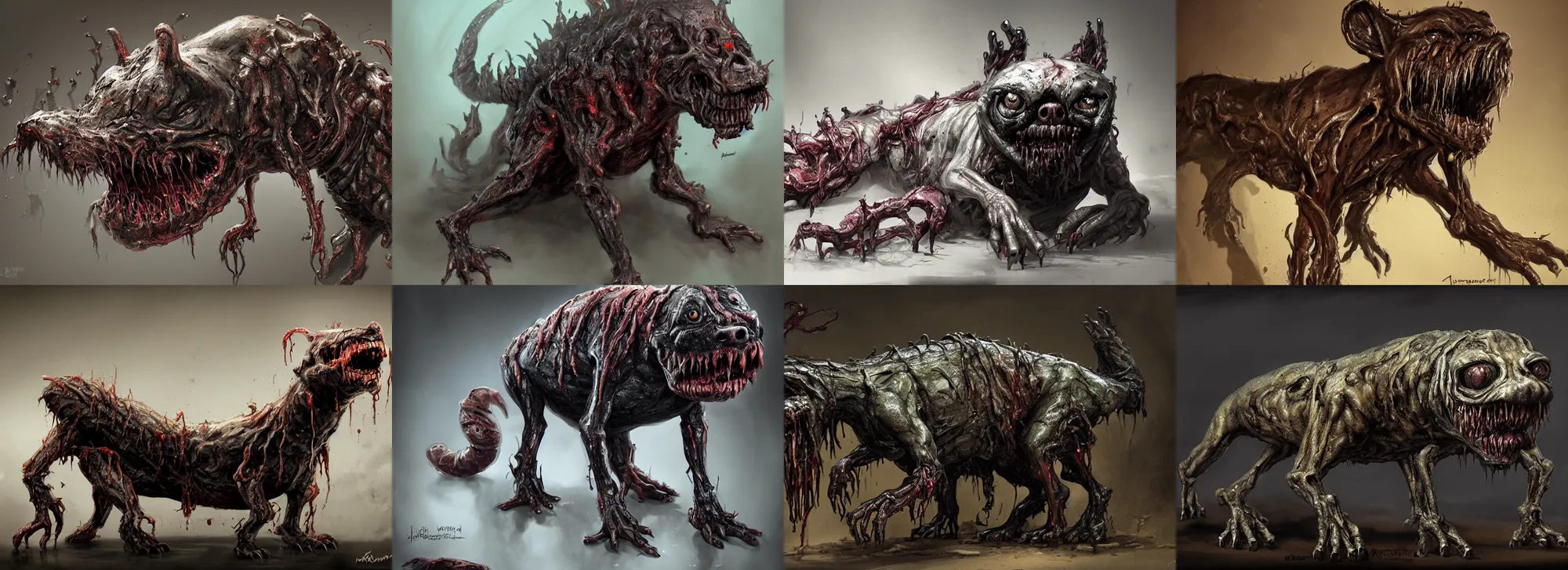 Prompt: a nightmarish slimy monster dog, with black eyes, rotting flesh, exposed bone, by jerad marantz, concept art, dramatic lighting, highly detailed digital painting