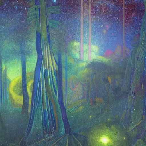 Image similar to psychedelic morning in the middle of the day lush pine forest, outer space, milky way, designed by arnold bocklin, jules bastien - lepage, tarsila do amaral, wayne barlowe and gustave baumann, cheval michael, trending on artstation, star, sharp focus, colorful refracted sparkles and lines, soft light, 8 k 4 k