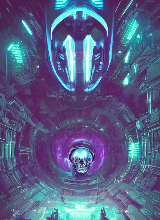 Image similar to a futuristic skull with glowing eyes and a wormhole tunnel cyberpunk art by android jones, cyberpunk art by beeple!!!!, featured on artstation, darksynth, synthwave