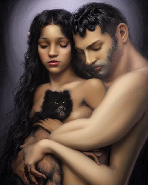 Image similar to a portrait of black furry shadow monster who is carrying a beautiful girl in his arms, background of deep shadows, illustration, dramatic lighting, soft details, painting oil on canvas, art nouveau, octane render, HDR, 4k, 8k, HD, by Edmund Blair Leighton, Brom, Charlie Bowater, trending on artstation, Tom Bagshaw, faces by otto Schmidt