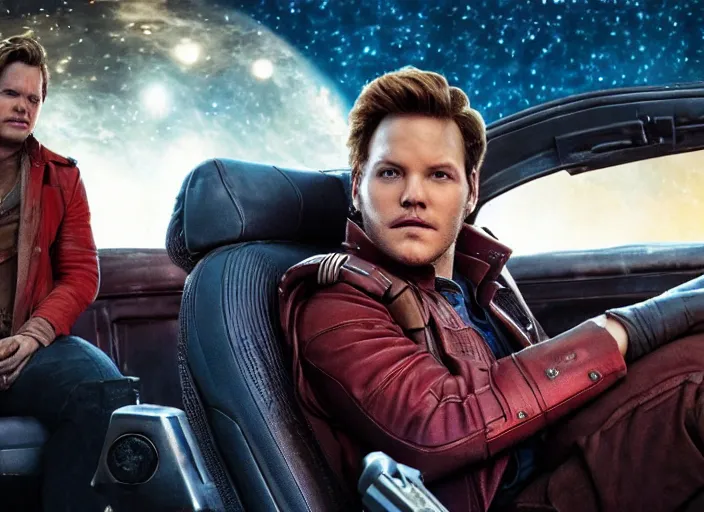 Image similar to a very high resolution image from a new movie, starlord. inside of a car. mountains, falling stars, directed by wes anderson