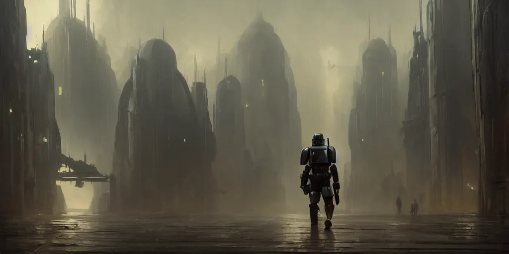 Prompt: a painting of a cinematic keyframe of a star wars mysterious mandalorian walking into a cinematic landscape city, heavy atmosphere and smoke by greg rutkowski, rule of thirds, golden ratio, ambient lighting, wlop, artgerm, artstation, highly detailed masterpiece, dark fantasy art, high detail, trending on artstation