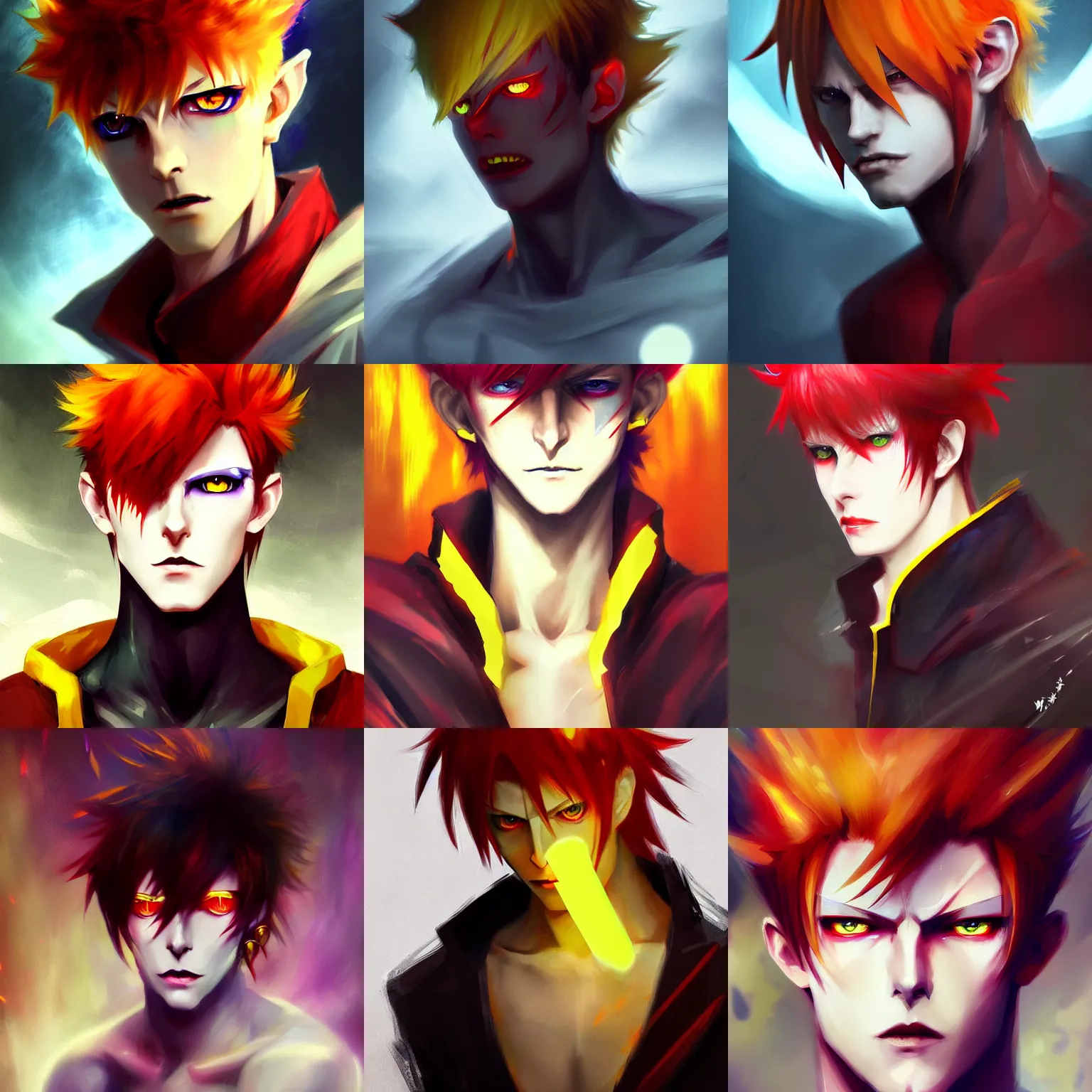 Prompt: portrait of anime male 2 0 years old male evil sharp features yellow iris, very narrow yellow glowing eyes red red soft tousled crimson hair smirk anime hunterpedia pixiv fanbox concept art, matte, sharp focus hisoka morow david bowie mashup art by wlop ruan jia