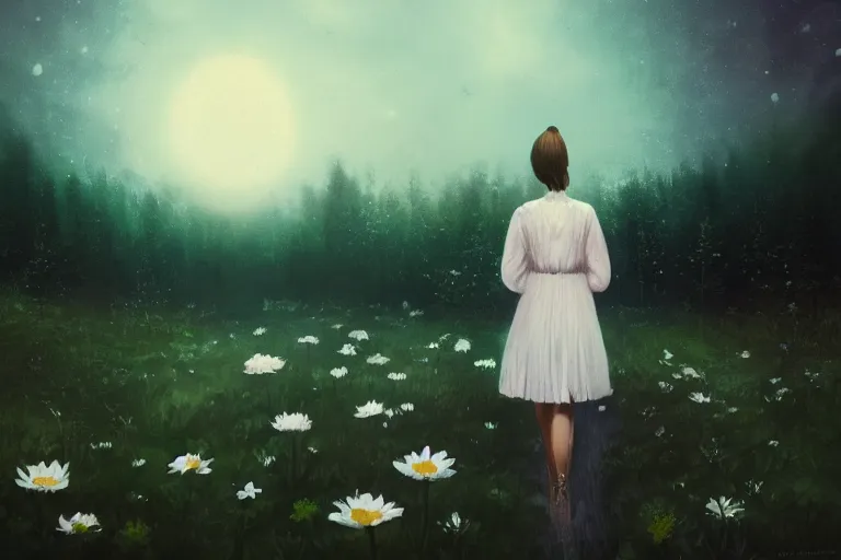 Image similar to giant white daisy flower head, girl walking in dark forest, surreal photography, dark night, stars, moon light, impressionist painting, clouds, digital painting, artstation, simon stalenhag