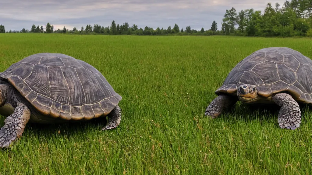 Image similar to Giant turtle with a city on it's back, walking through an open field, forest visible in the background