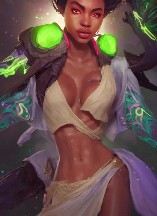 Image similar to senna from league of legends, au naturel, hyper detailed, brown skin, with abs, glowing green neon eyes, wearing white robe, digital art, trending in artstation, cinematic lighting, studio quality, smooth render, unreal engine 5 rendered, octane rendered, art style by klimt and nixeu and ian sprigger and wlop and krenz cushart