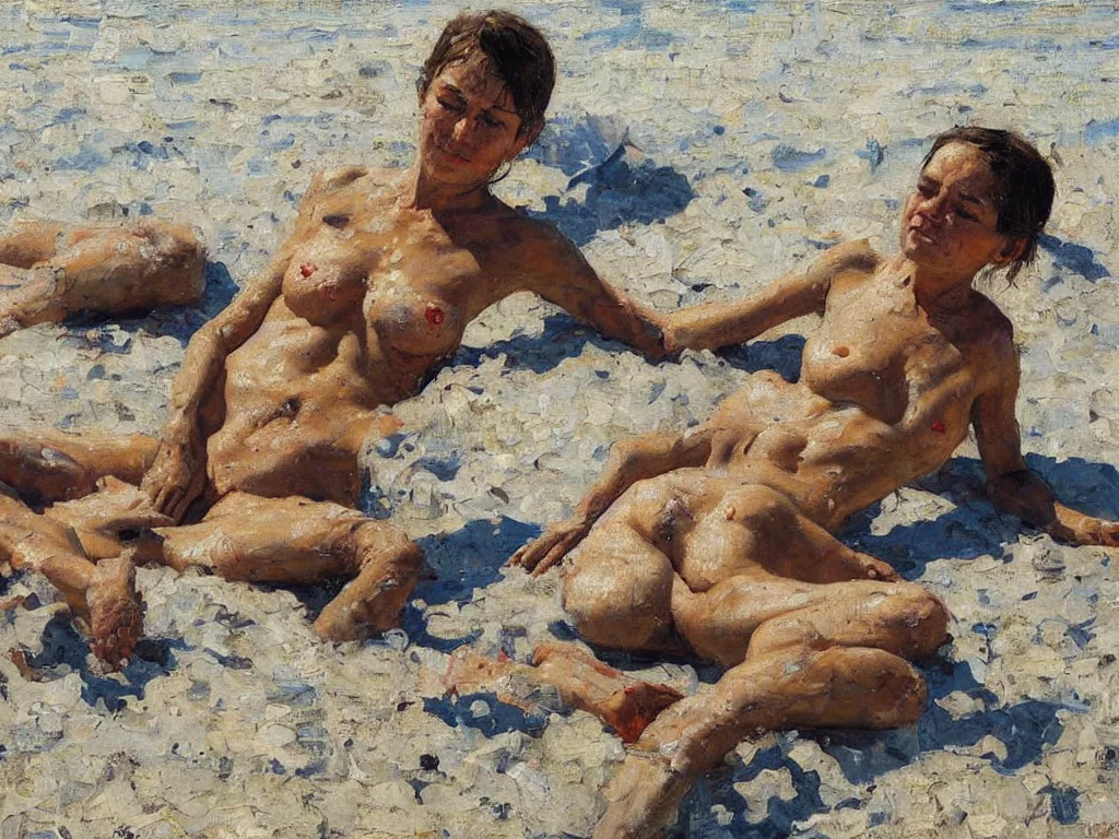 Image similar to on the beach, close up, heatwave, denis sarazhin, oil on canvas