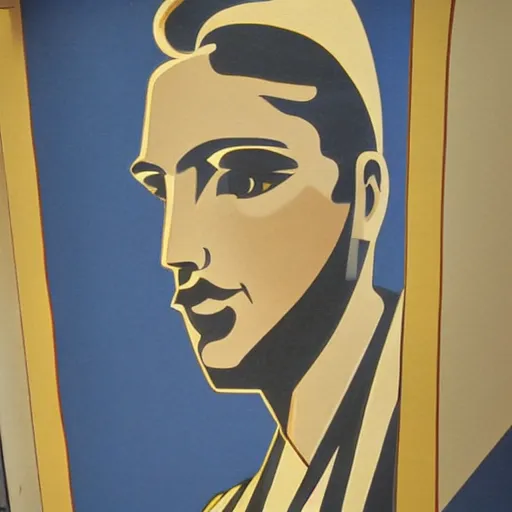 Prompt: a beautiful art deco wall mural of a handsome man