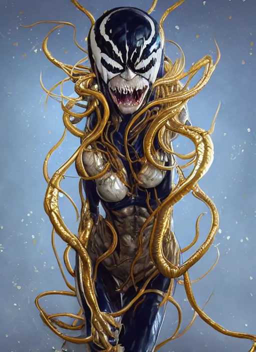 Prompt: gold and white female venom, naturel, hyper detailed, digital art, trending in artstation, cinematic lighting, studio quality, smooth render, unreal engine 5 rendered, octane rendered, art style by klimt and nixeu and ian sprigger and wlop and krenz cushart