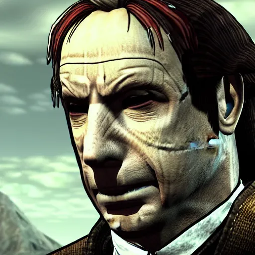 Image similar to saul goodman in helgen detained by imperial soldiers, tamriel, elder scrolls, skyrim, alduin, npc, raggy business suit, highly detailed