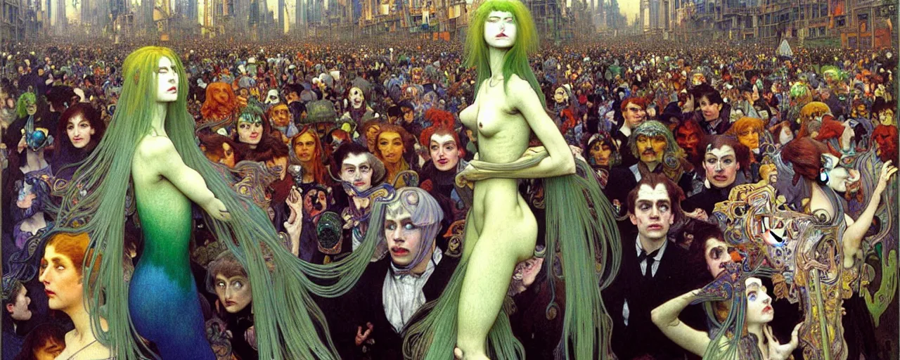 Prompt: realistic extremely detailed full height portrait painting of a ghost girl with green hair in a crowded sci-fi city street, very detailed crowd by Jean Delville, Amano, Yves Tanguy, Alphonse Mucha, Ernst Haeckel, Edward Robert Hughes, Roger Dean, rich moody colours, blue eyes