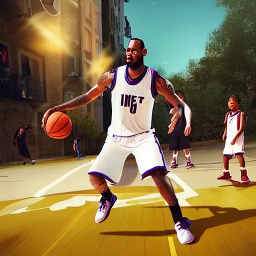 Image similar to lebron james playing basketball in the street with young boys, photorealistic, dynamic light, cinematic, ultra detailed