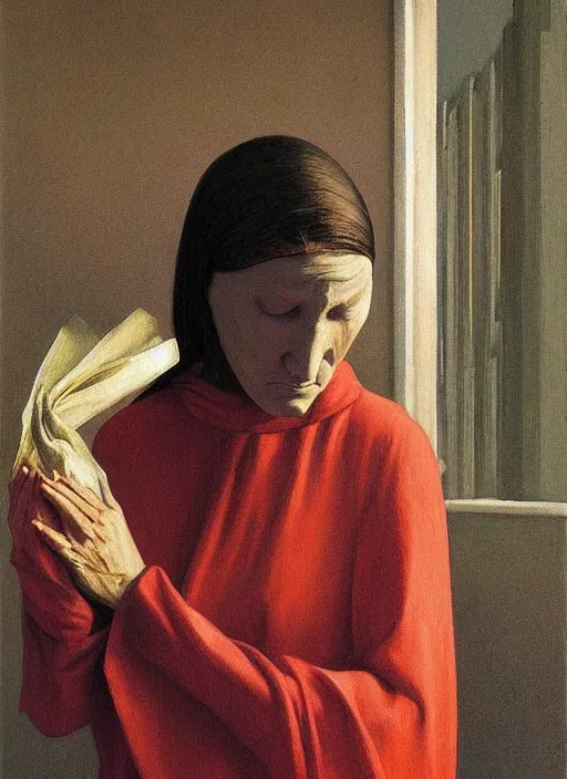 Prompt: woman praying with a paper bag over the head and a sward Edward Hopper and James Gilleard, Zdzislaw Beksinski, Steven Outram highly detailed