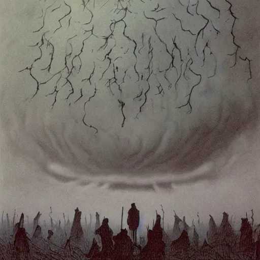 Prompt: a dark storm cloud made out of hundreds of sad ghostly faces. berserk. painted by beksinski and larry elmore.