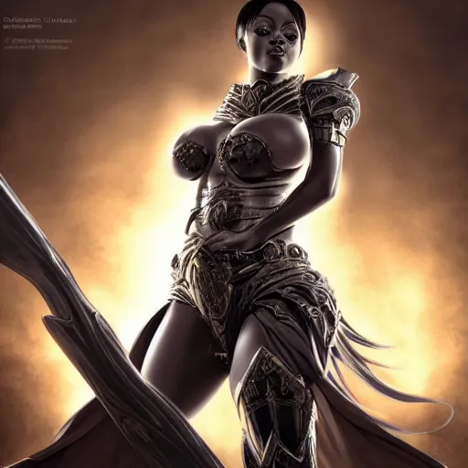 Image similar to jada fire as a fantasy paladin woman, symmetrical portrait, holy glow, by Yoshitaka Amano, Ruan Jia, Kentaro Miura, Artgerm, 8k