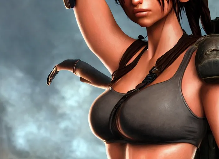 Prompt: a closeup, 4 5 mm, detailed photograph hyper realistic lara croft portrait, tight push up bra, large bust, with a pouting smile, beautiful low light, 4 5 mm, by franz lanting