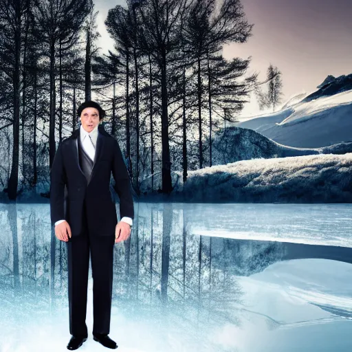 Image similar to full shot photograph of a man wearing a suit made of mirrors on a frozen lake, photorealistic photograph cinematic lighting intricate detailed 8 k resolution