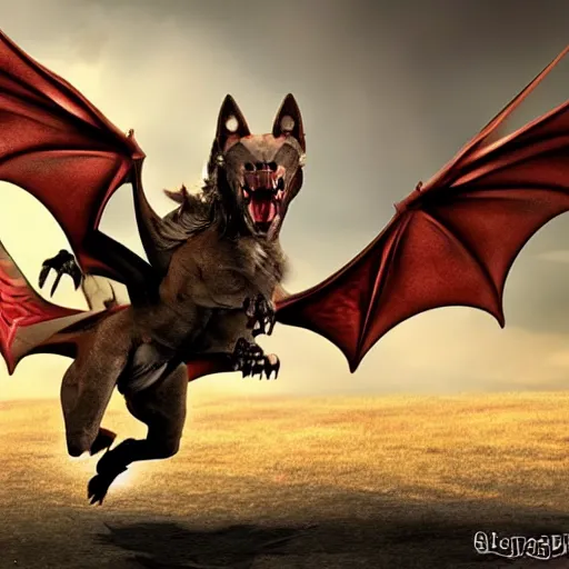 Prompt: a creature that is part dragon, part horse, part bat, part wolf. it's flying at top speed.