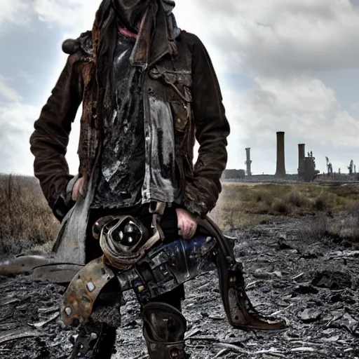 Prompt: post - apocalyptic wasteland wanderer, abandoned steelworks, steelpunk,