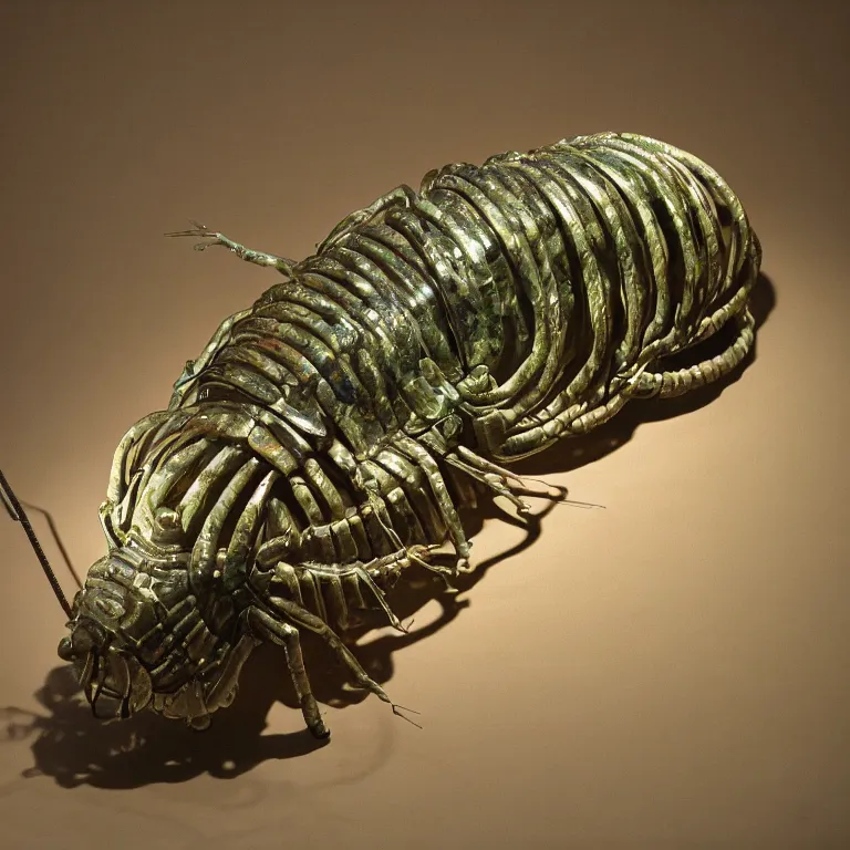 Image similar to hyperrealistic sculpture of a bronze fossilized trilobite isopod in a large cage made of green plastic wire on a pedestal by ron mueck and duane hanson and lee bontecou, hyperrealistic dramatic colored lighting trending on artstation 8 k