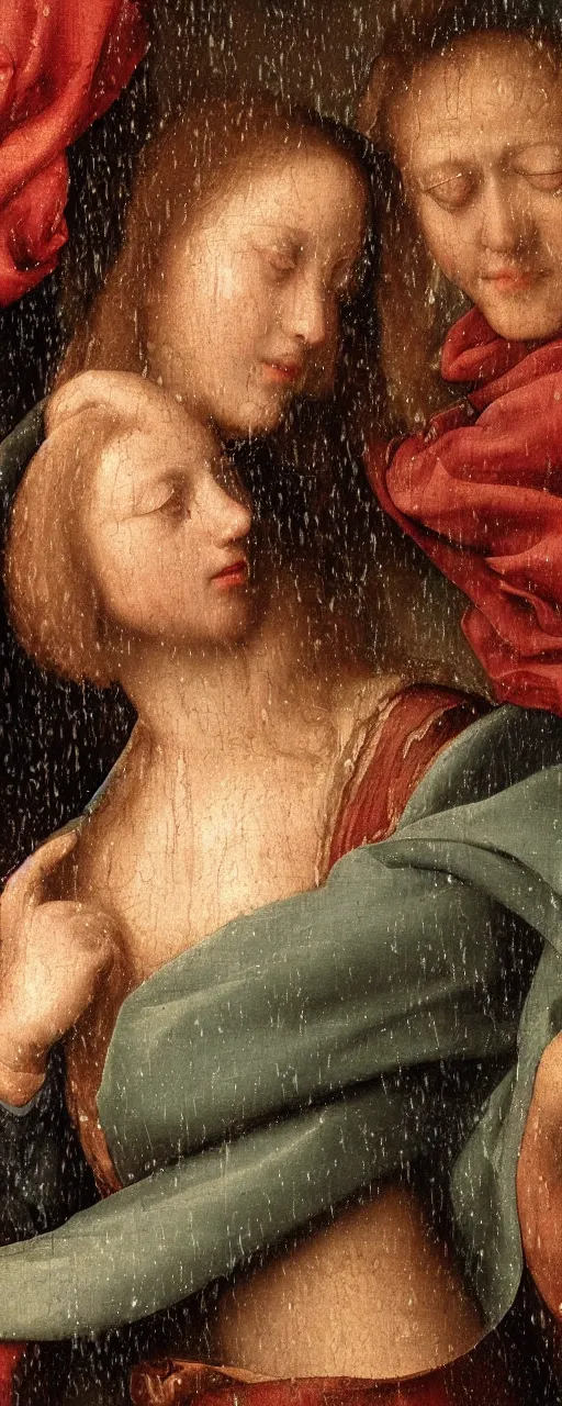 Prompt: detail of a renaissance painting, hard rain, a happy person, morning light, 8k, Trending on artstation, celestial color scheme