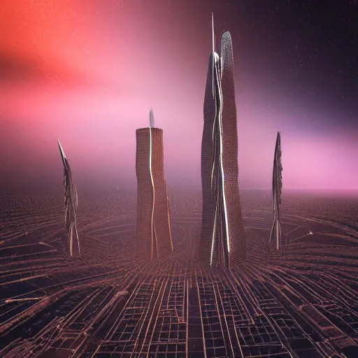 Prompt: surrounded by fumes, spaceships raced through the beautiful red sky, above the metallic remains of ancient times. rising above the dark grounds, gigantic, enlightened buildings stood, like hundreds of needles piercing the sky. those overwhelming skyscrapers seemed almost able to reach the stars as if trying to reveal the immensity of this unknown universe, arnold render,