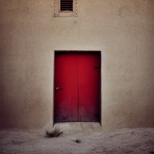 Image similar to a red door standing in the middle of nowhere, desert, unsettling, photography,