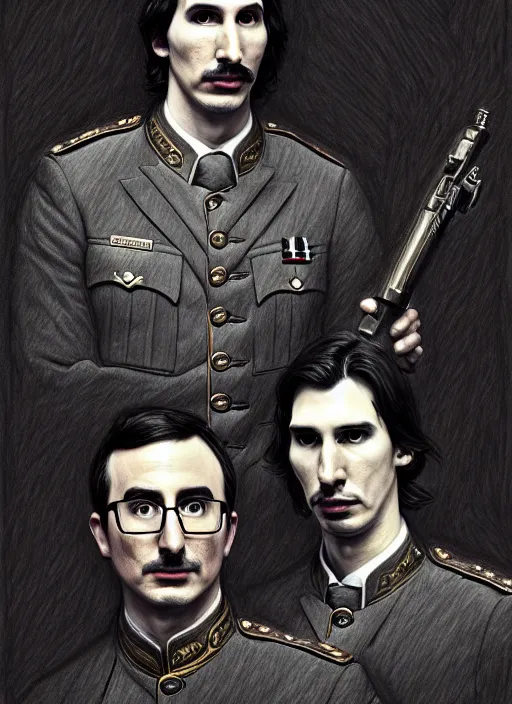 Prompt: a portrait of john oliver standing next to adam driver, stoic, military uniform, fantasy, intricate, beautiful, highly detailed, charcoal, centered, dark, smokey, digital painting, artstation, concept art, smooth, sharp focus, illustration, art by artgerm and greg rutkowski and alphonse mucha