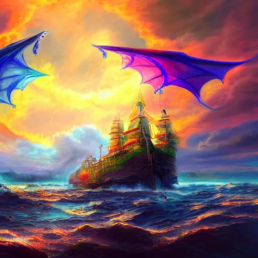 Prompt: majestical ship with a dragon flying above, beautiful composition, wide angle, colorful, cinematic, volumetric lighting, intricate details painting