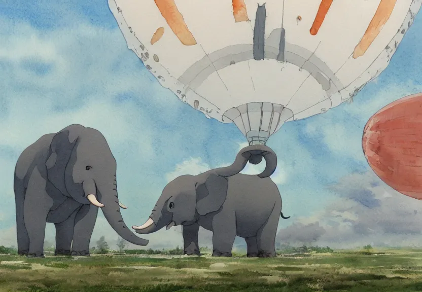 Image similar to a hyperrealist watercolor concept art from a studio ghibli film showing a giant grey blimp in the shape of an elephant. a hindu temple is under construction in the background in india on a misty and starry night. by studio ghibli. very dull muted colors