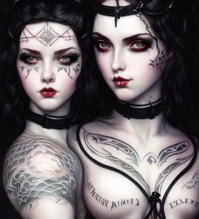 Prompt: two beautiful pale skin white eyed cosplay girls, black hair, fully tattooed body, fishnet corset with choker and whip on hand, symmetrical, beautiful detailed face, masterpiece, artstation contest winner, trending artgerm, paint by tom bagshaw