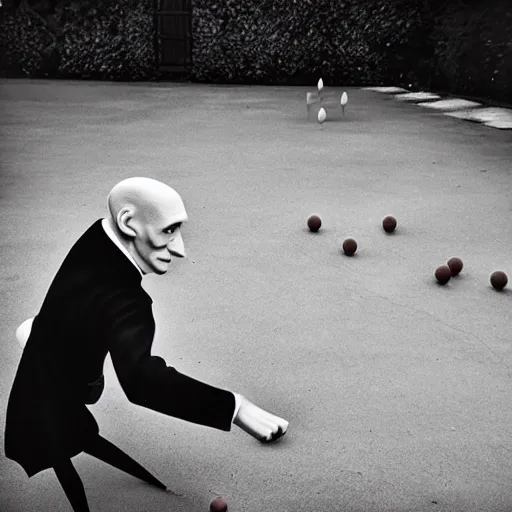 Prompt: portrait of nosferatu is playing petanque, realistic photography