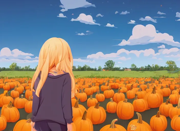 Image similar to little girl with long blonde hair visiting a pumpkin patch. she is facing away from the viewer. clean cel shaded vector art. shutterstock. behance hd by lois van baarle, artgerm, helen huang, by makoto shinkai and ilya kuvshinov, rossdraws, illustration, art by ilya kuvshinov