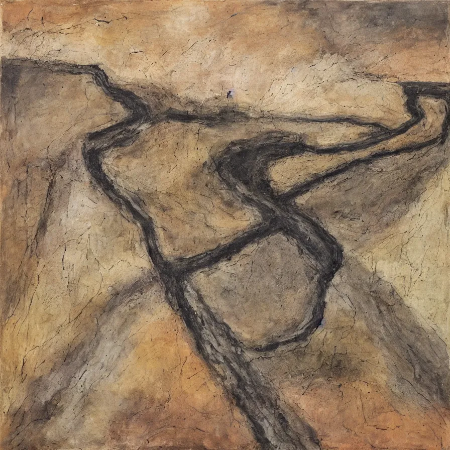 Prompt: Expressionist artwork illustrating a road that plunges into the horizon, inspired by photographers such as Aaron Siskind using earth-tone color palette.